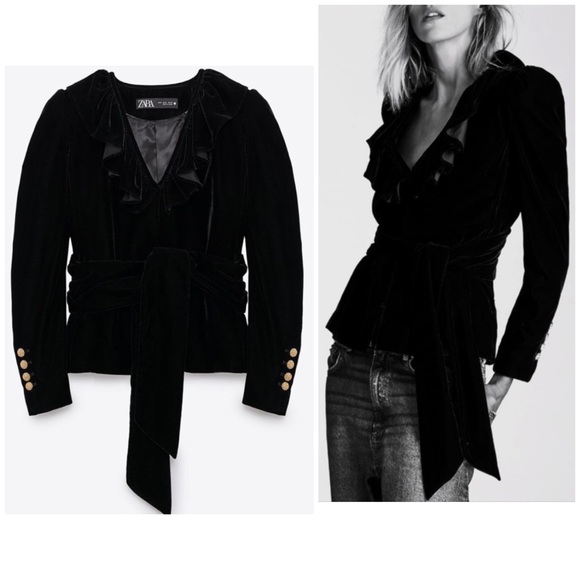 Zara Jackets & Coats Zara Black Velvet Jacket Gold Buttons Wide